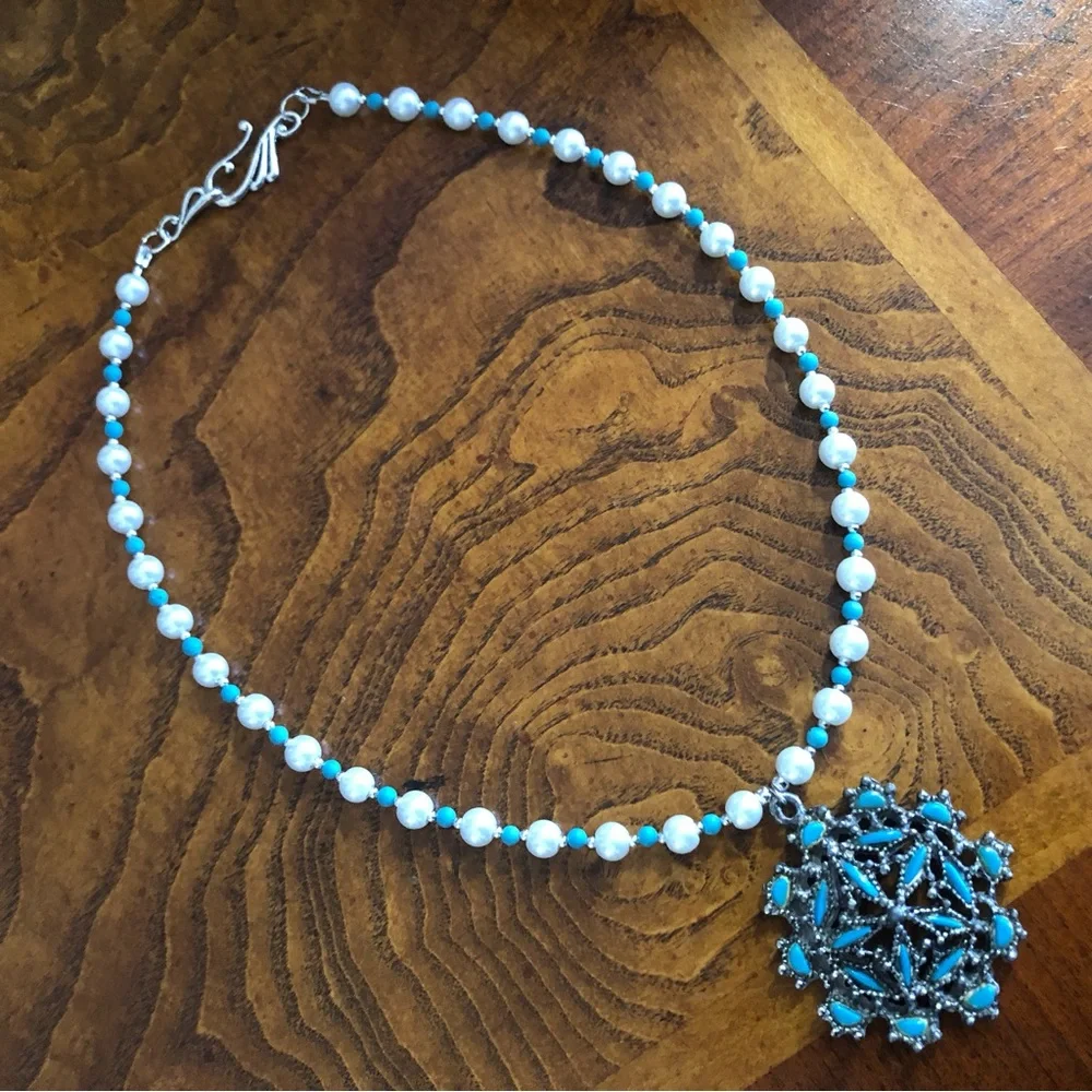 Handcrafted repurpose howlite cluster pendant Czech glass Pearl necklace